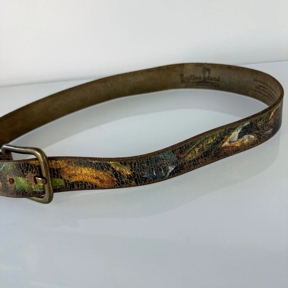 Leather Island Belt Mens 40 Snakes Brown Italian Leather Hand Stained Distressed
